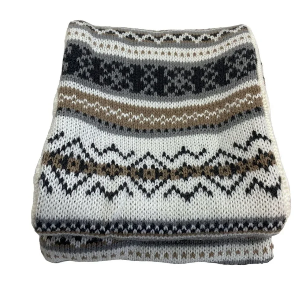 Muk Luks Infinity Loop Scarf Fair Isle Knit Ivory Beige Gray Reversible Nordic